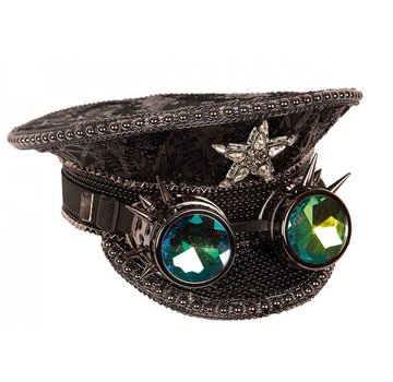 Partyline Zwarte luxe kapiteinshoed met steampunk holografische bril | Rave hoed | Concert hoed