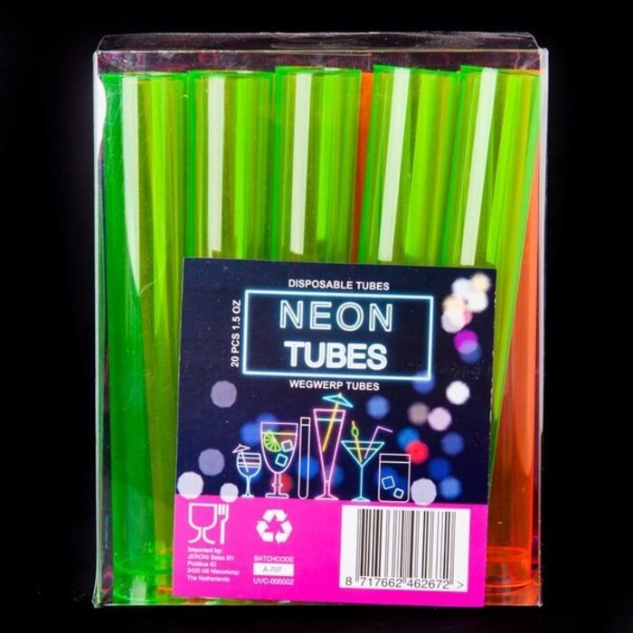 Breaklight.be Lot de 20 Verres à Shot en forme de Tubes à Essais | Tube en plastique réutilisable 45 ml | 4 coloris