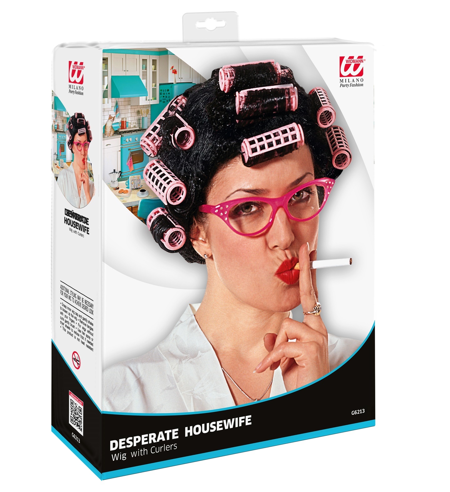 Widmann Perruque de femme au foyer désespérée | Perruque avec bigoudis | Perruque noire