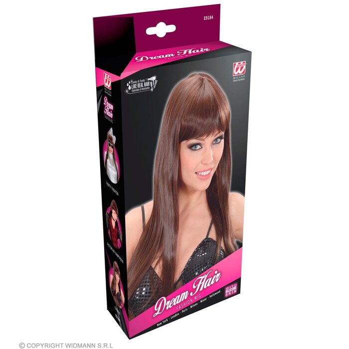 Widmann erruque brune de qualité supérieure chérie avec de longs cheveux raides et une frange | Widmann Pro Dream Hair