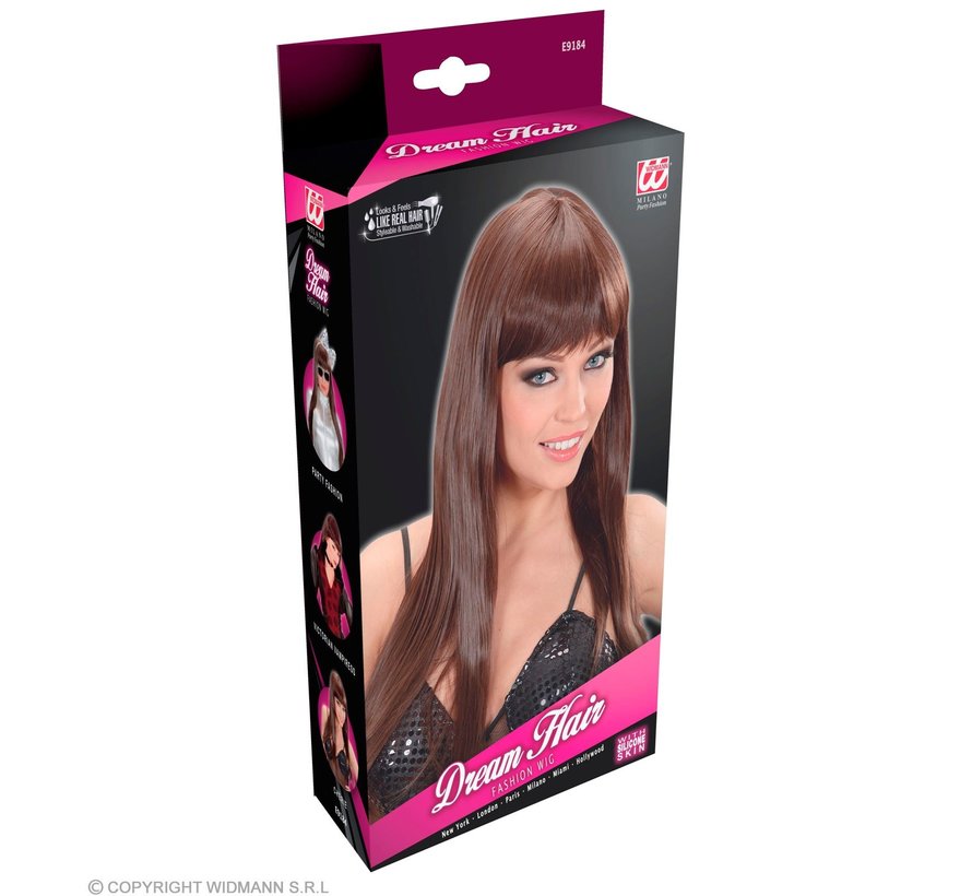 Higher quality brown wig chérie with long straight hair and bangs - Widmann Pro Dream Hair