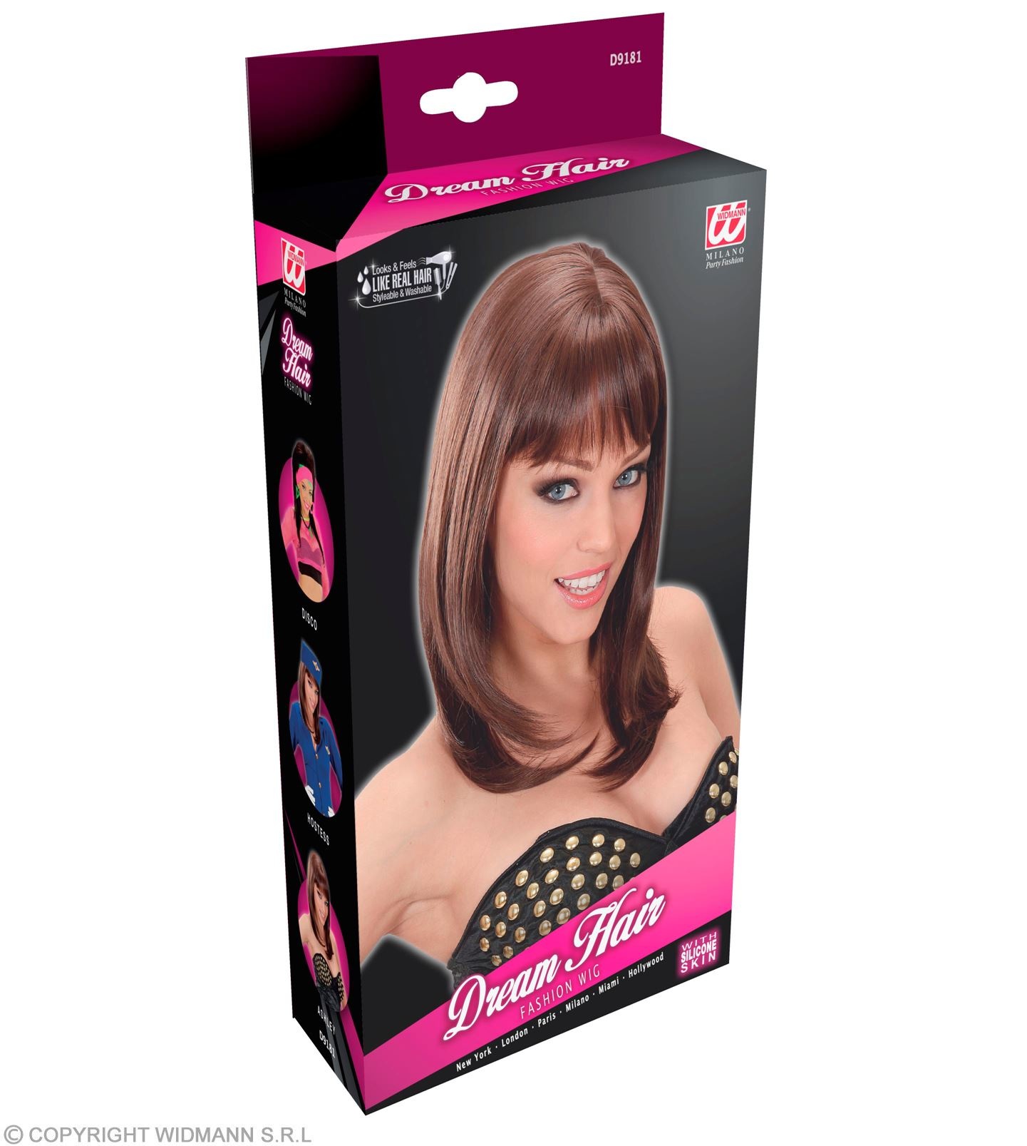 Widmann Perruque brune de qualité supérieure Ashley avec une droite ondulée et une frange - Widmann Pro Dream Hair