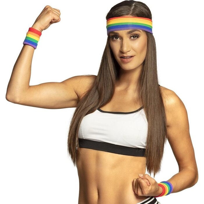 Partyline Zweetband set Regenboog voor volwassenen - set bevat 3 stuks - 2 polsbanden en 1 hoofdband