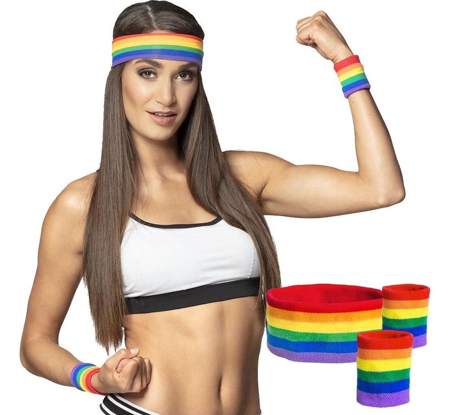 Sweatband set Rainbow for adults - set contains 3 pieces - 2 wristbands and  1 headband