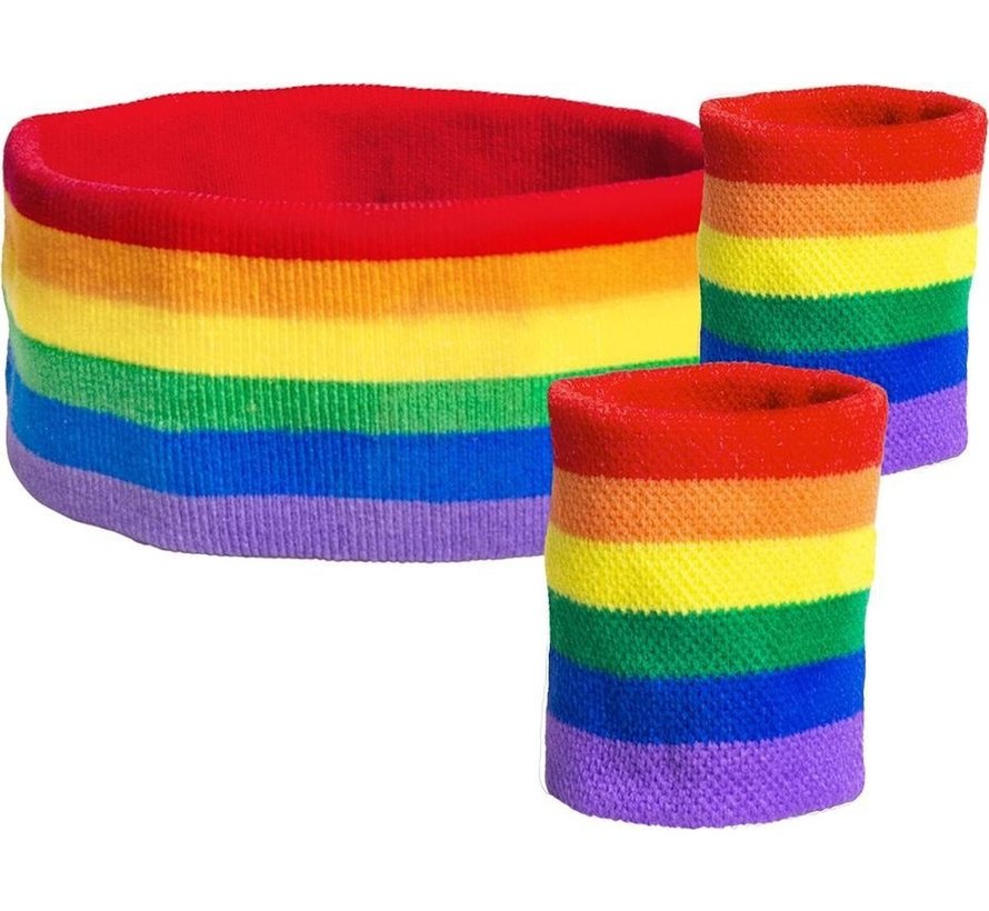 Sweatband set Rainbow for adults - set contains 3 pieces - 2 wristbands and  1 headband