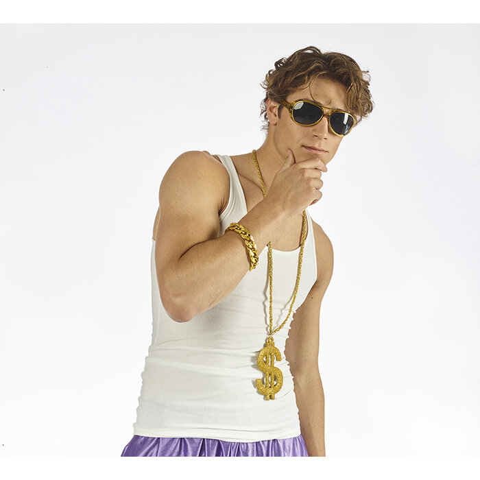 Partyline Rapper accessories costume set consisting of a dollar necklace, glasses and a bracelet.