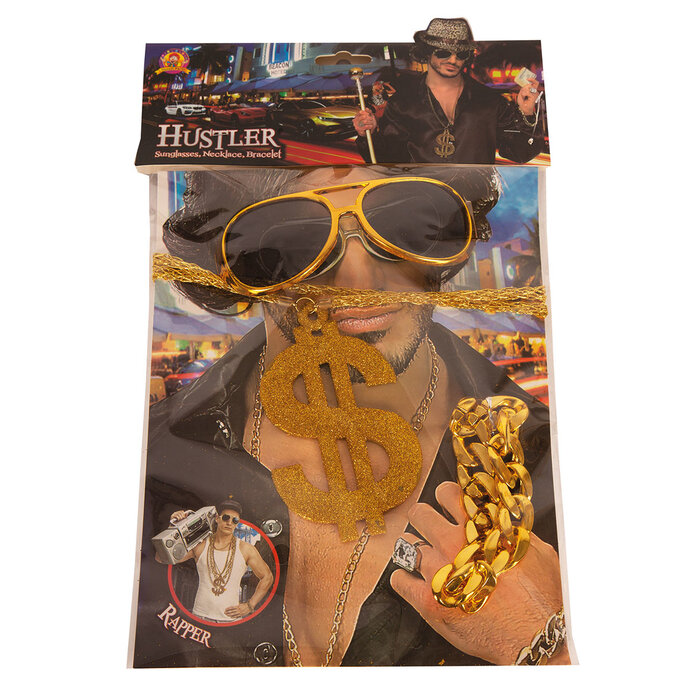 Partyline Rapper accessories costume set consisting of a dollar necklace, glasses and a bracelet.