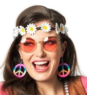 Partyline Hippie accessory set for women consisting of earrings, glasses and a headband.