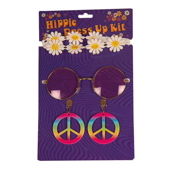 Partyline Hippie accessoire set voor vrouwen bestaande uit een oorbellen, een bril en een hoofband.