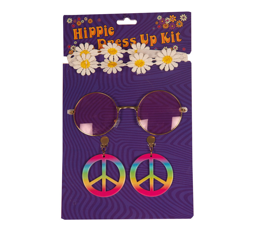 Hippie accessoire set voor vrouwen bestaande uit een oorbellen, een bril en een hoofband.