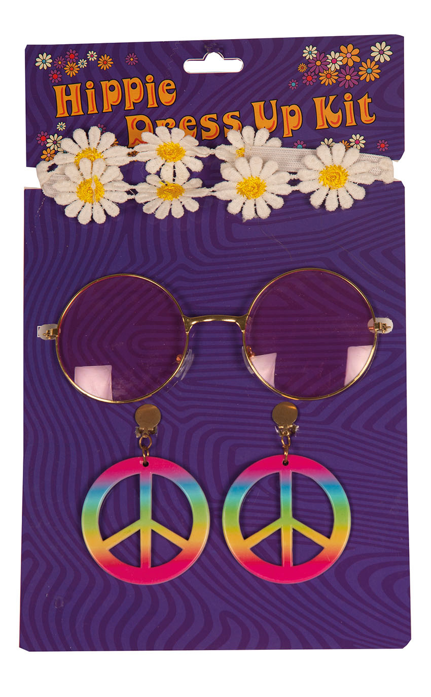 Partyline Hippie accessory set for women consisting of earrings, glasses and a headband.