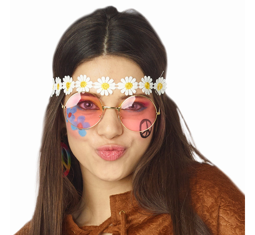 Hippie accessory set for women consisting of earrings, glasses and a headband.