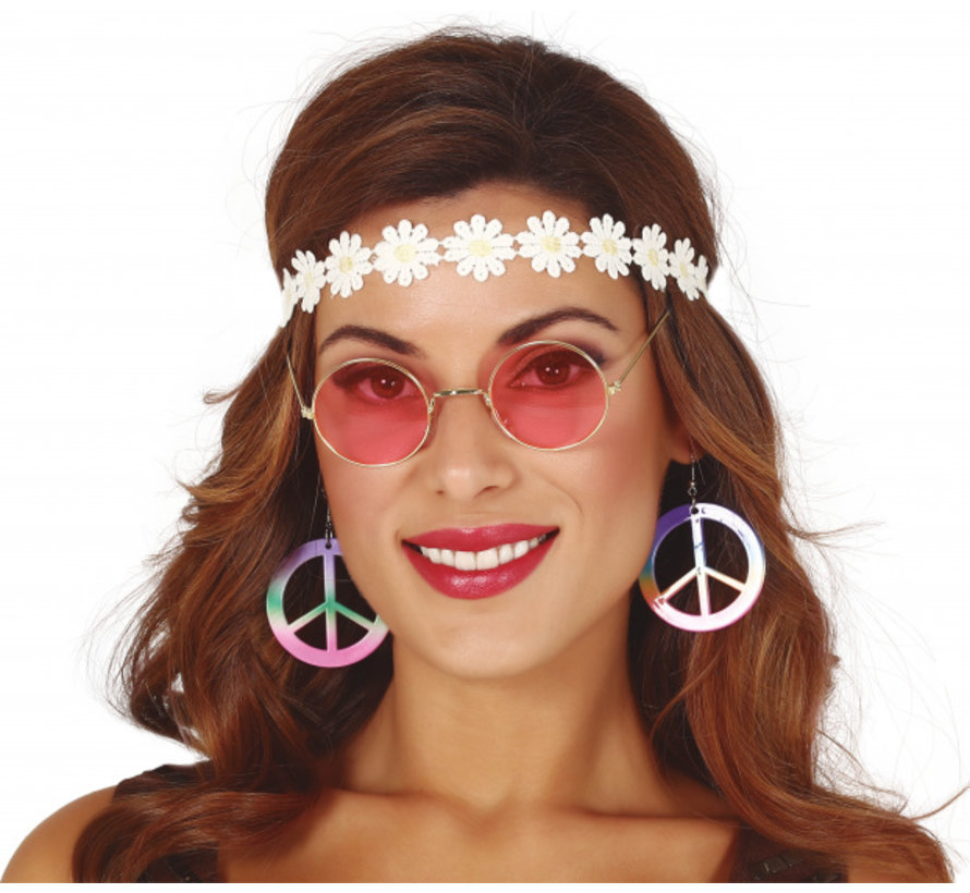 Hippie accessory set for women consisting of earrings, glasses and a headband.