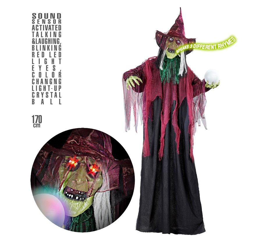 Halloween decoration witch 170 cm with light,sound and LED ball - Standing doll sound-activated