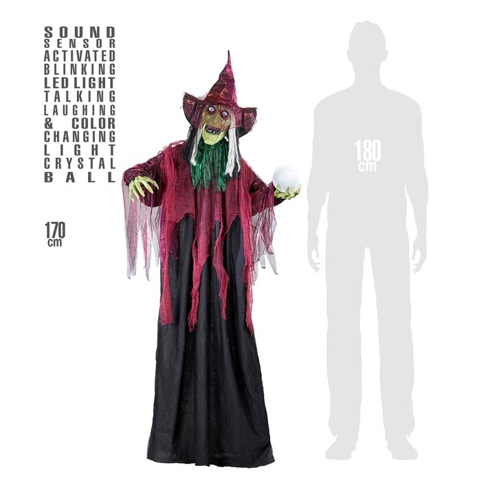 Widmann Halloween decoration witch 170 cm with light,sound and LED ball - Standing doll sound-activated