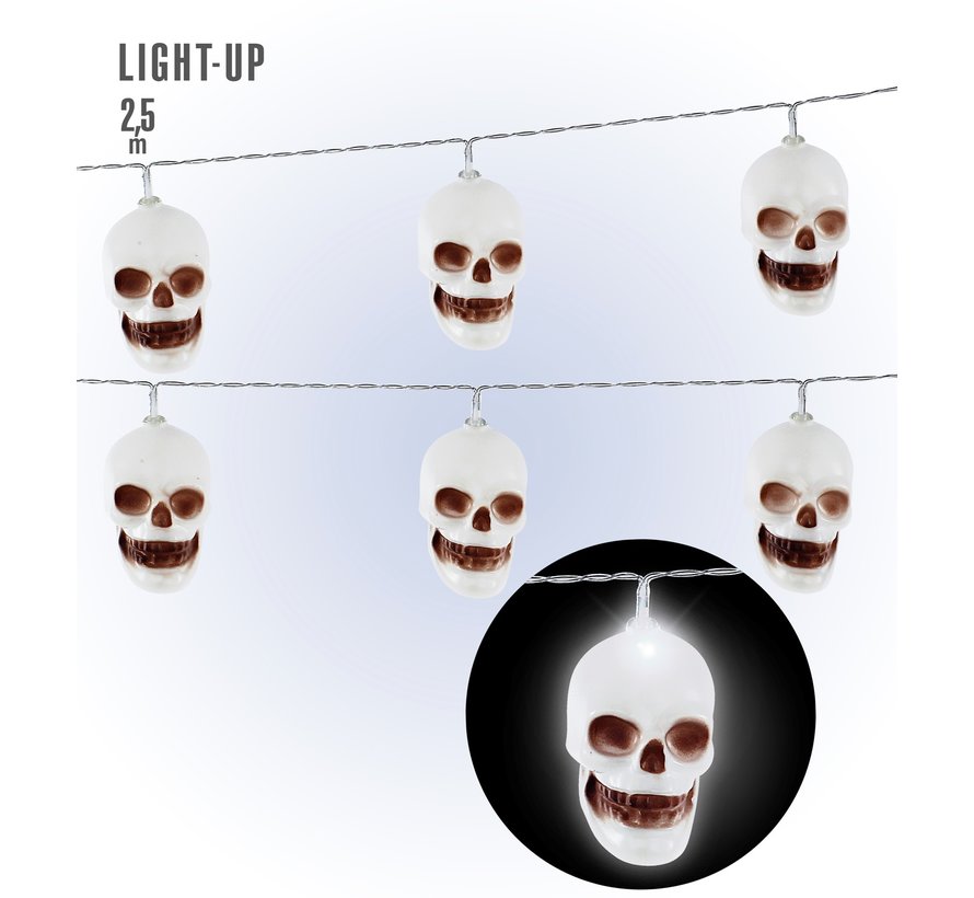 Décoration d'Halloween crâne chaîne lumineuse LED 250 cm - 10 points lumineux - fonctionne avec 2 piles AA (non incluses).