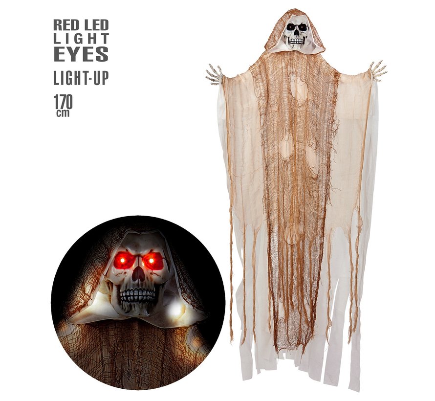 Halloween decoratie Magere Hein 170 cm met licht- Hang pop met lichtgevende ogen