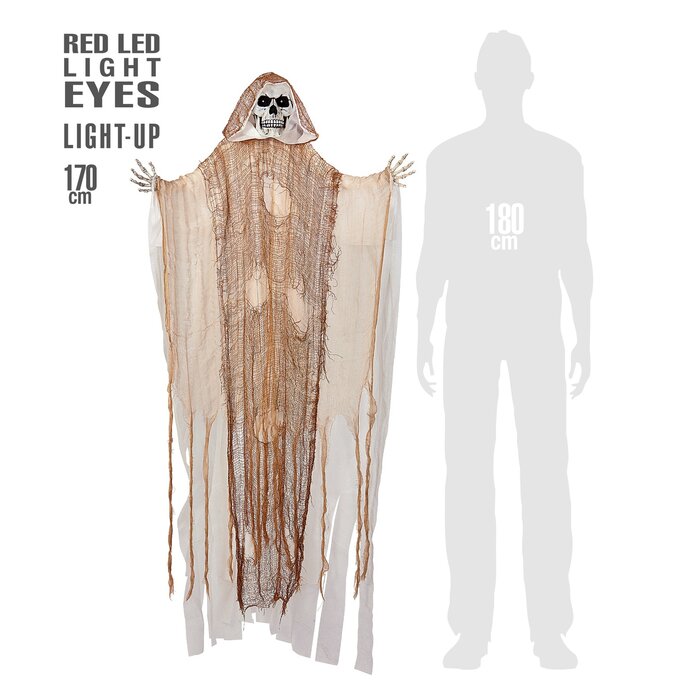 Widmann Décoration d'Halloween Faucheuse blanc à suspendre 170 cm avec lumière - Poupée suspendue avec yeux lumineux