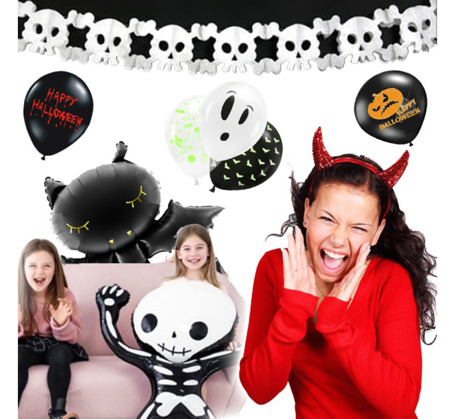 Lot de 25 pièces pour la décoration d'Halloween " Party @ Home " - Ballons Uv - Ballons en aluminium - Guirlande d'Halloween