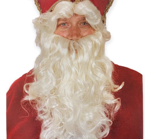 Partyline Sinterklaas baard met pruik en vastzittende snor  - Basic Sinterklaas pruik - Brandveilig