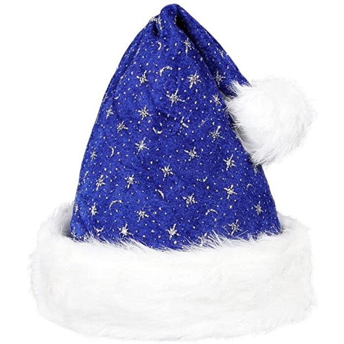 Santa Magix Blue Santa Hat with a plush brim and glitter - Beautiful blue Santa Hat for adults