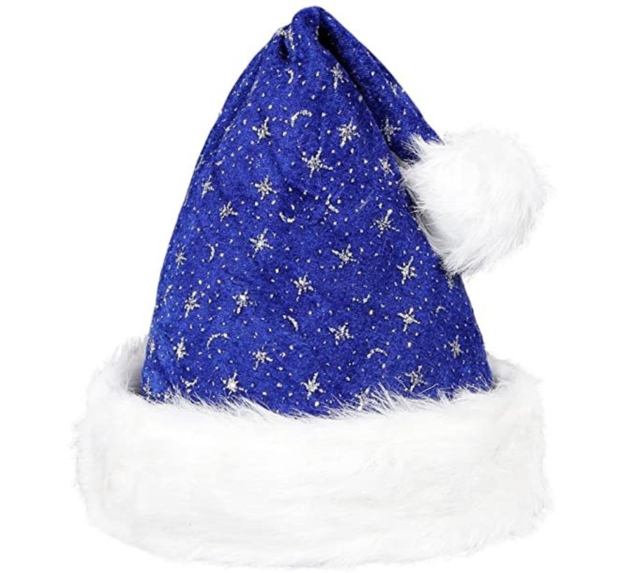 Blue Santa Hat with a plush brim and glitter - Beautiful blue Santa Hat for adults