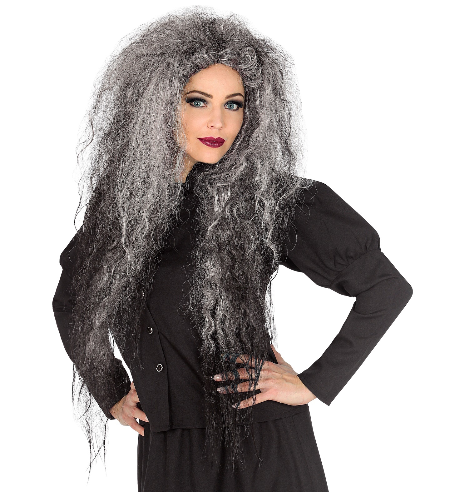 Widmann Pruik krullend grijs haar - Grote volume grijze pruik met krullen.