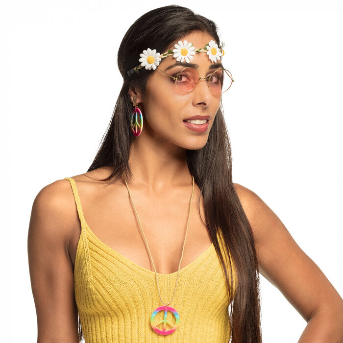 Boland Hippie set voor dames - 4 delige Peace set - Bril, haarband, oorbellen en ketting