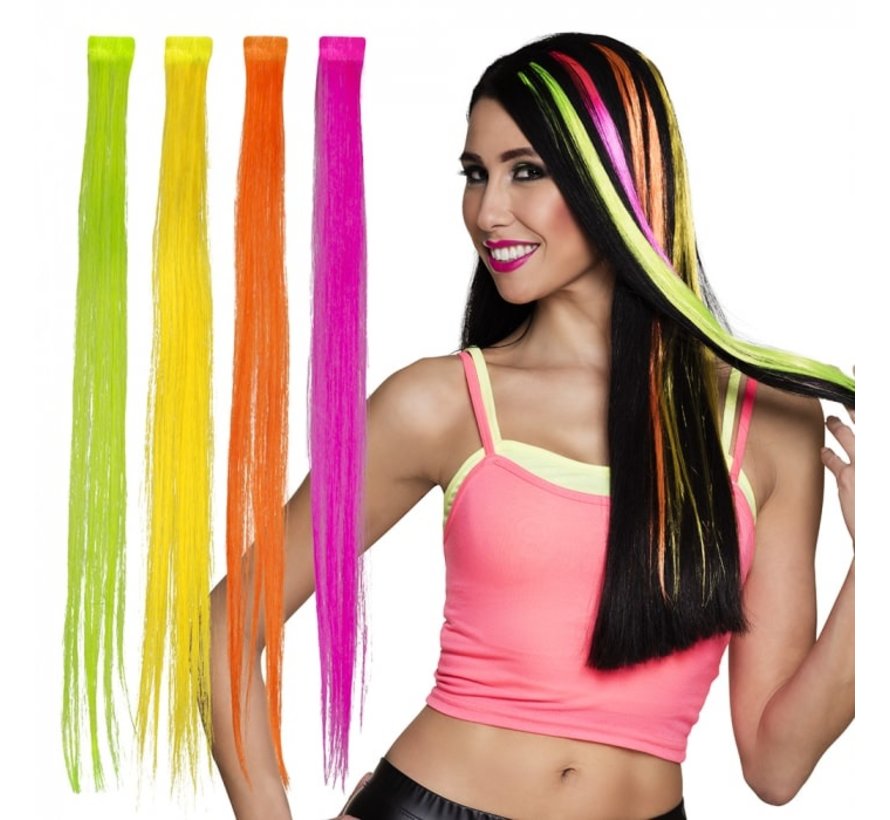 Extensions de cheveux néon - Set Extensions de cheveux en 4 couleurs ( Orange - Rose - Jaune - Vert )