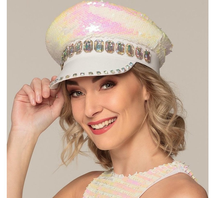 Casquette blanche - Sandy Candy avec paillettes et diamants - Casquette femme