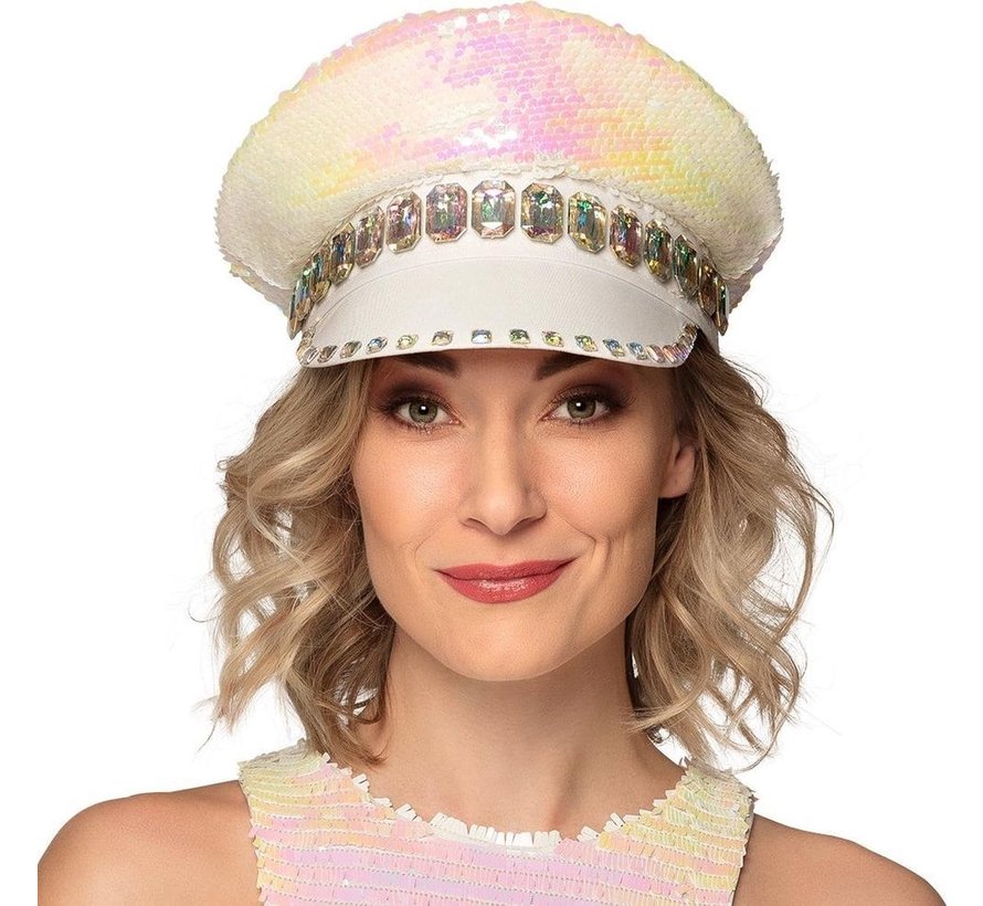 Casquette blanche - Sandy Candy avec paillettes et diamants - Casquette femme