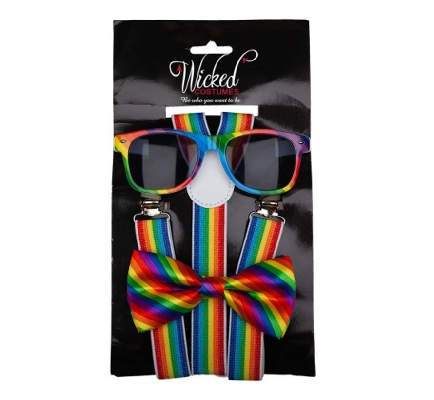 Regenboog kostuum set  - 3 delige kostuum set - Bril, strik en bretellen