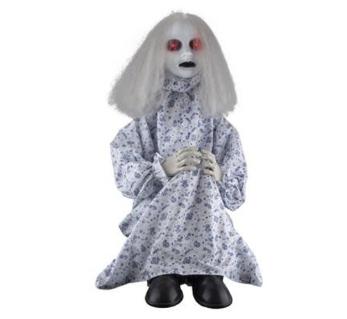 Funny Fashion Fille effrayante 75 cm avec son et mouvement - Décoration d'Halloween fille assise 75 cm
