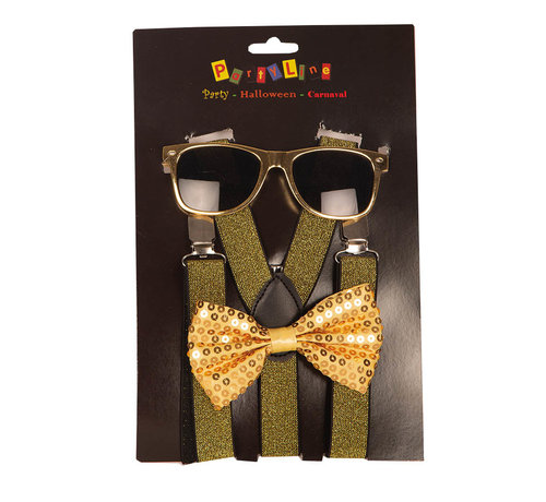 Partyline Gouden verkleedset - 3 delige feestset - Bril ,strikje en bretellen