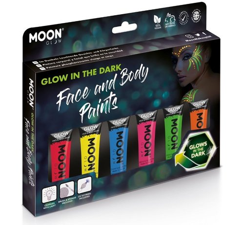 Moon Creations Glow in the dark UV Face & Body Paint 6x12ml  - avec pinceau, éponge et mini lumière noire