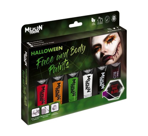 Moon Creations Halloween Face and body paint box set  - 5 kleuren en tube bloed