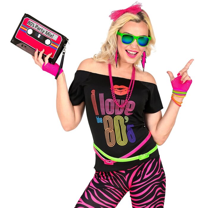 Widmann Accessoiresset fluo roos jaren 80 stijl - 5 delige roze verkleedset