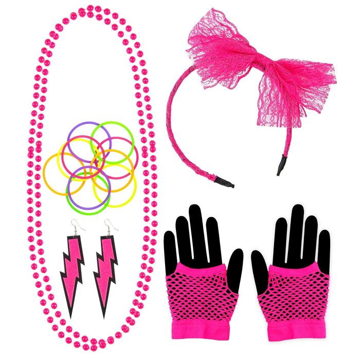 Widmann Accessoiresset fluo roos jaren 80 stijl - 5 delige roze verkleedset