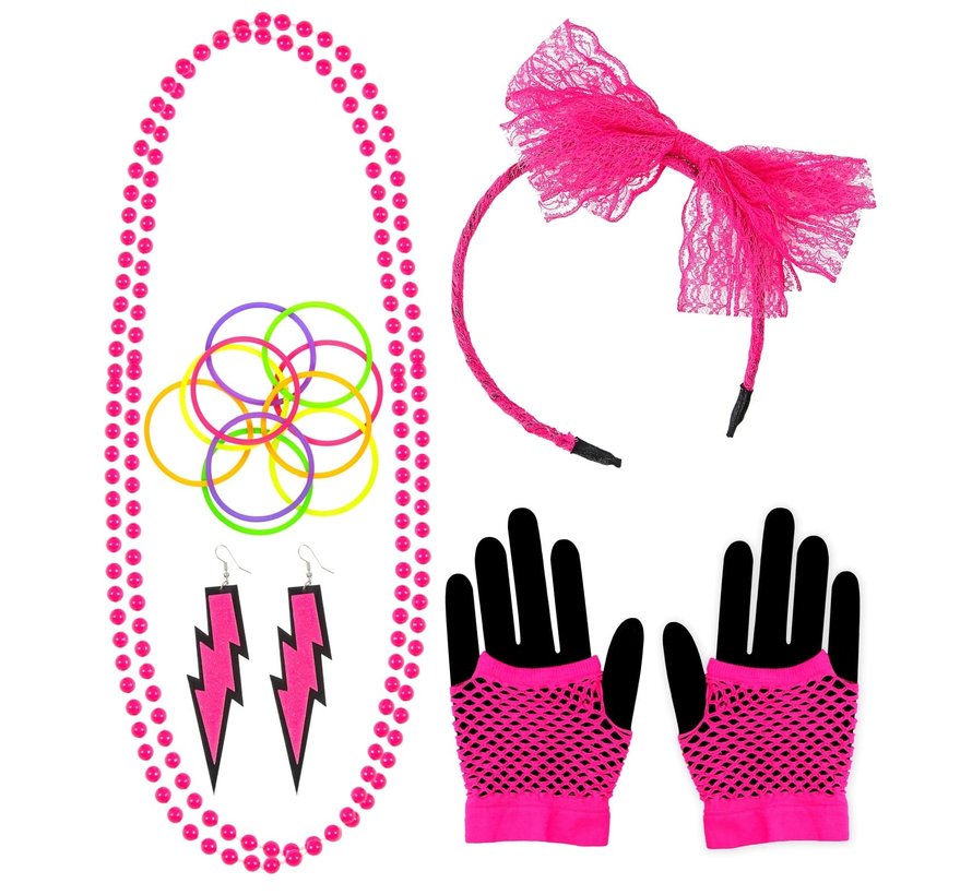 Accessory set fluorescent rose 80s style -   5-piece pink costume set