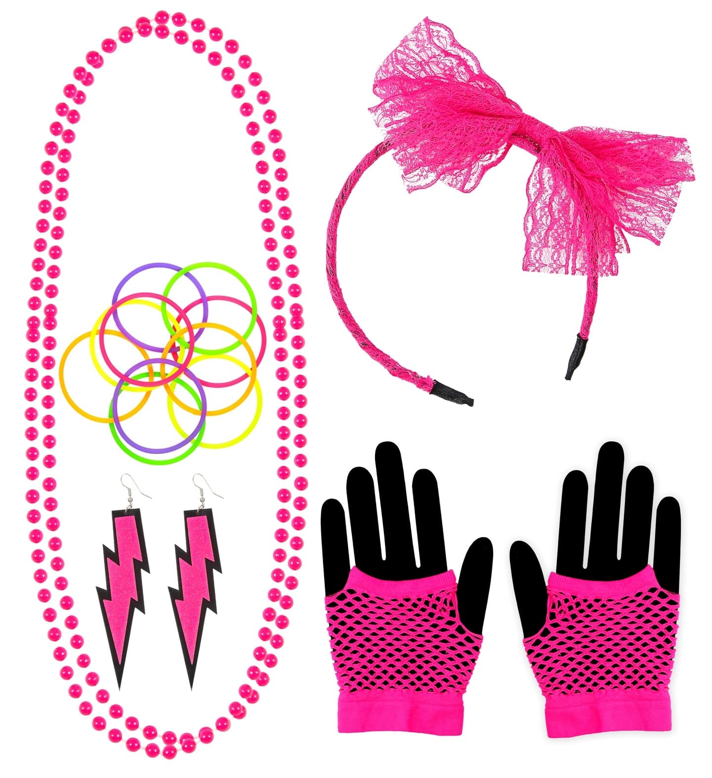 Widmann Accessory set fluorescent rose 80s style - 5-piece pink costume set