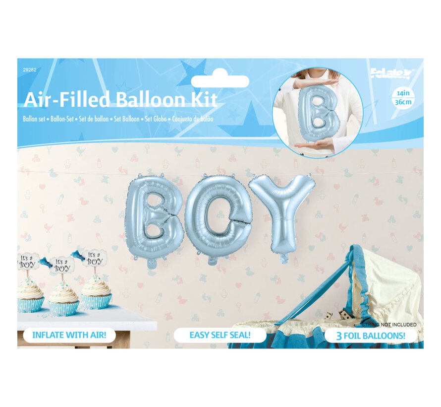 Set de ballons aluminium BOY bleu ciel - Hauteur lettre 36 cm