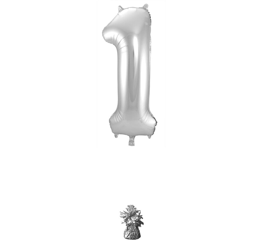 Foil Balloon Shaped Number 1 Silver (86 cm) - Number foil balloon