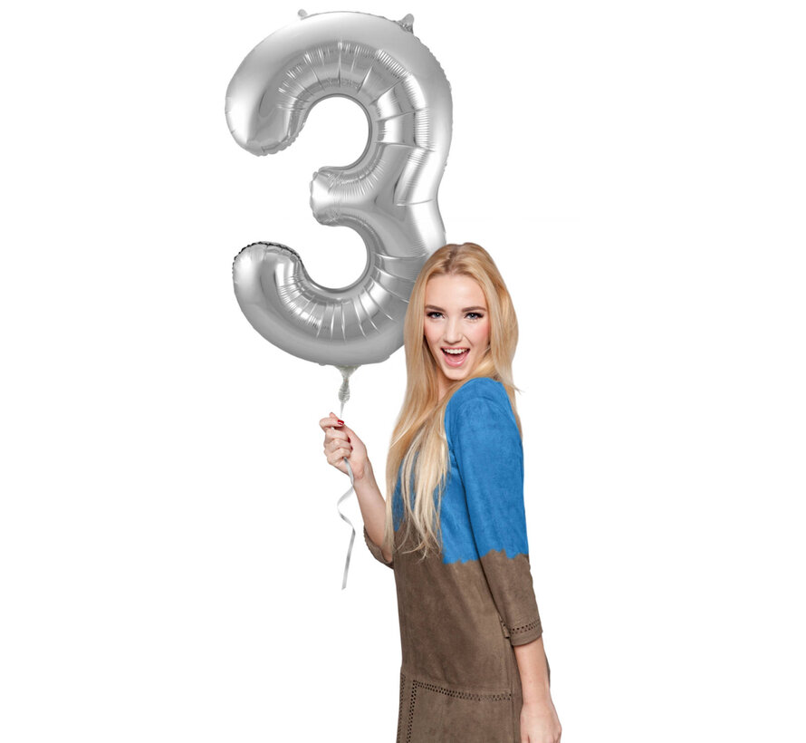 Foil Balloon Shaped Number 3 Silver (86 cm) - Number foil balloon