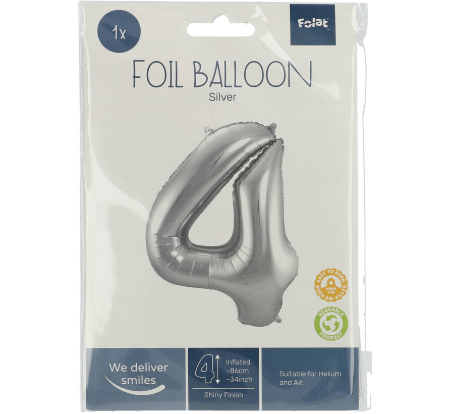 Foil Balloon Shaped Number 4 Silver (86 cm) - Number foil balloon