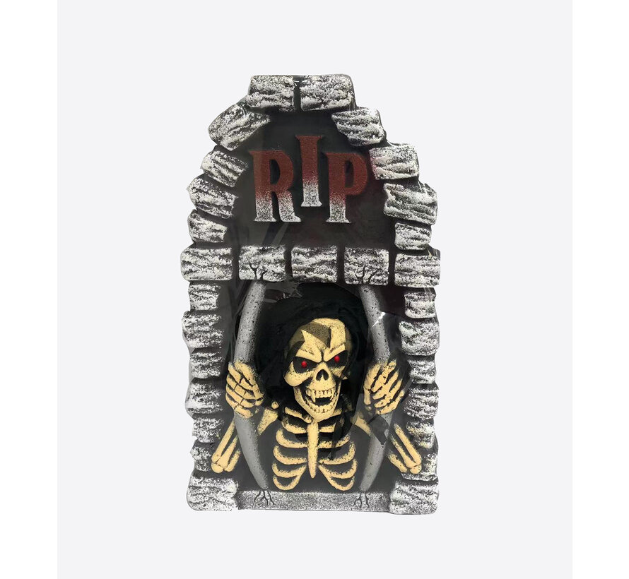 Pierre tombale décoration Halloween 56 cm - Crâne mobile avec LED