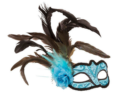 Partyline Venetiaans Masker turquoise met bloem en pluim