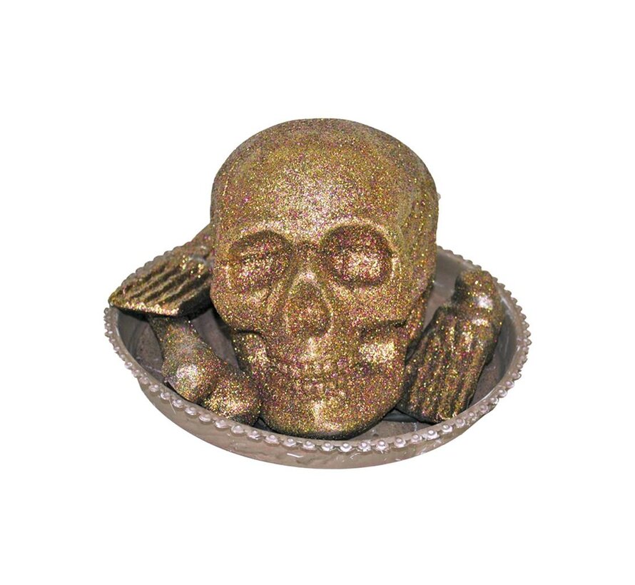 Plat avec crâne et os pailletés - Plat de décoration Halloween avec lumières