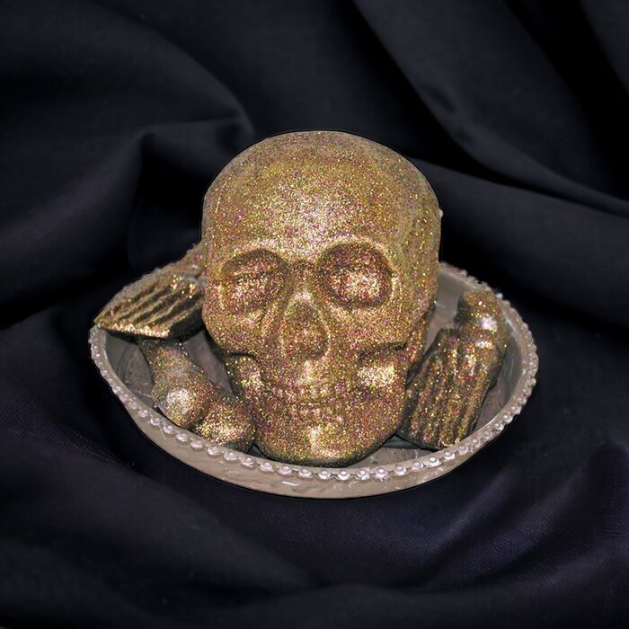 Funny Fashion Schotel met glitter doodshoofd en botten - Halloween decoratie schotel met licht