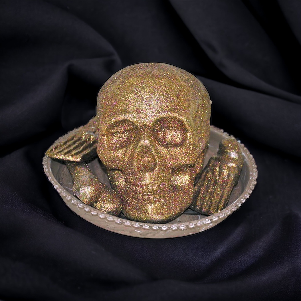 Funny Fashion Schotel met glitter doodshoofd en botten - Halloween decoratie schotel met licht