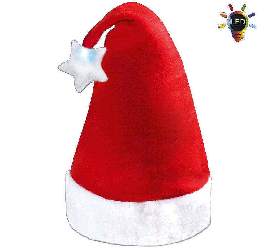 Chapeau de Père Noël rouge luxueux avec etoile LED multicolore lumineuse